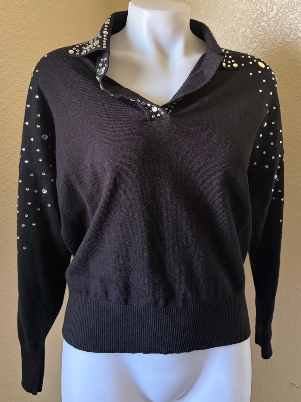 Milano Black V-Neck Sweater with Pearl Studs